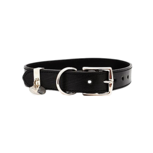 Classic Black Leather Dog Collar with Charm