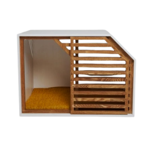 Modern Pet Crate with White Frame and Wooden Slatted Door