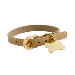 Elegant Beige Leather Dog Collar with Gold Bone Tag