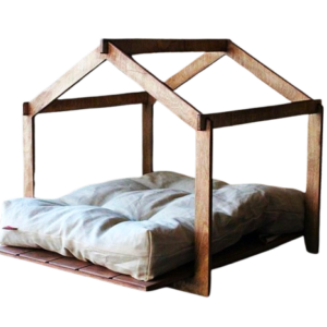 Modern Wooden Pet Bed with House Design and Cushion