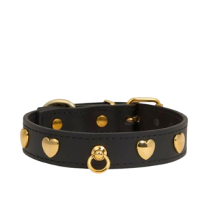 Black Leather Dog Collar with Gold Heart Accents